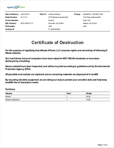eWaste ePlanet provides Recycling Certificate of Destruction